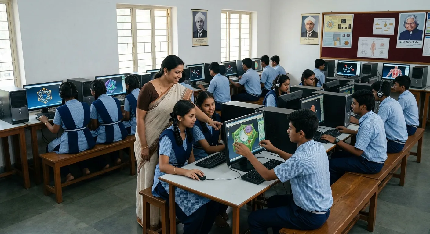 Teacher guides students in a school computer lab as they explore 3D plant cell, molecule and anatomy models