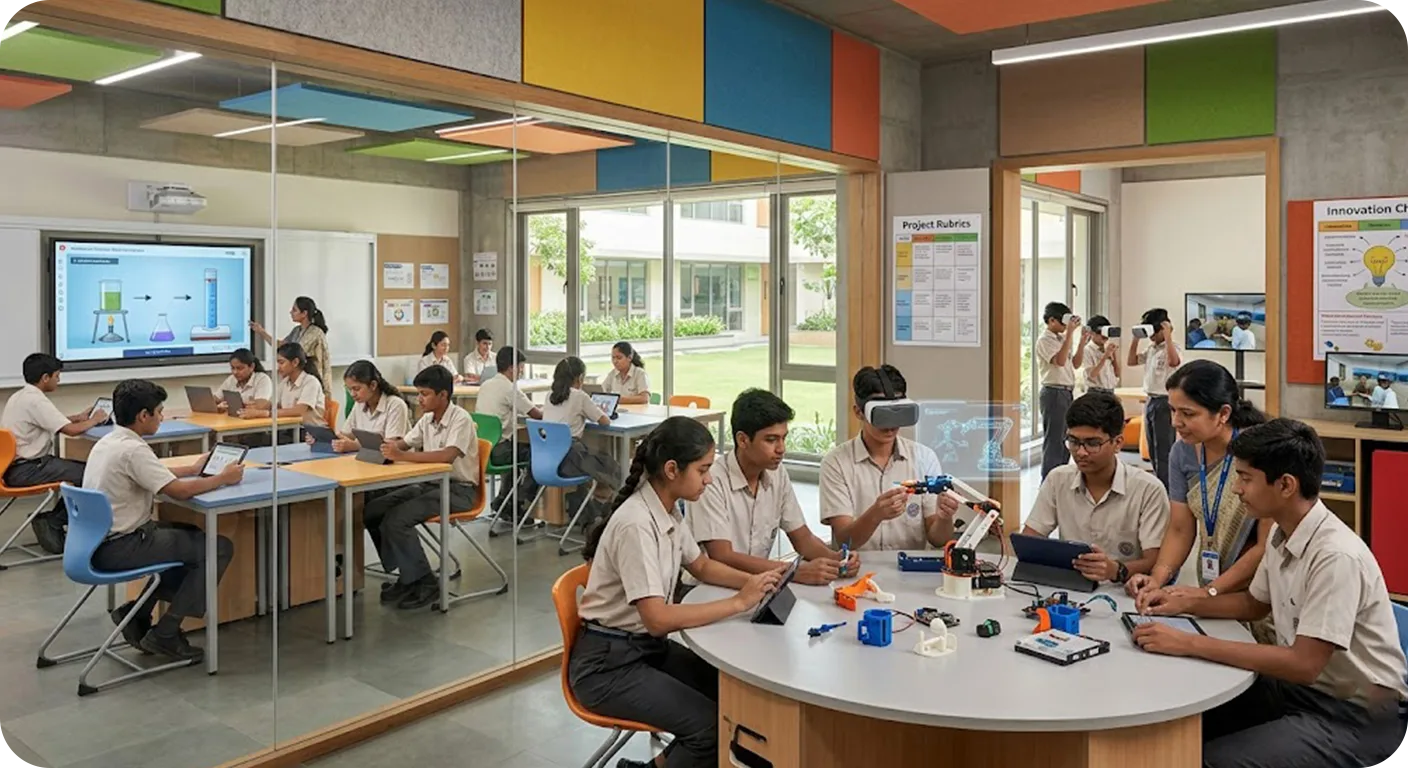 Indian students working with robotics kits, tablets and VR headsets in a bright school innovation lab