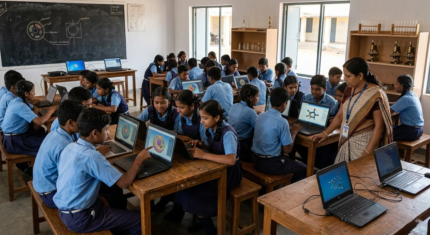 Indian school students in blue uniforms use laptops showing 3D cell and molecule models as their teacher guides the class