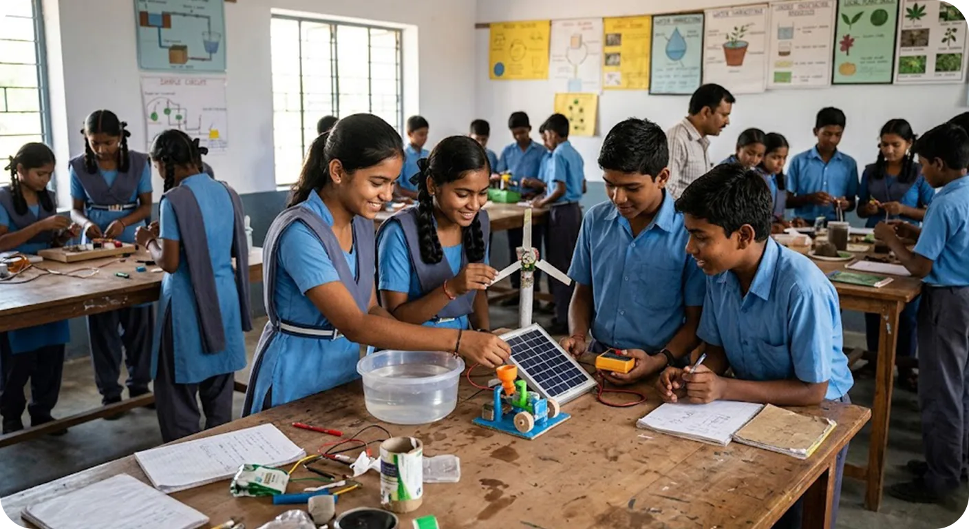 Indian school students in uniform building a solar-powered windmill model in a hands-on science class