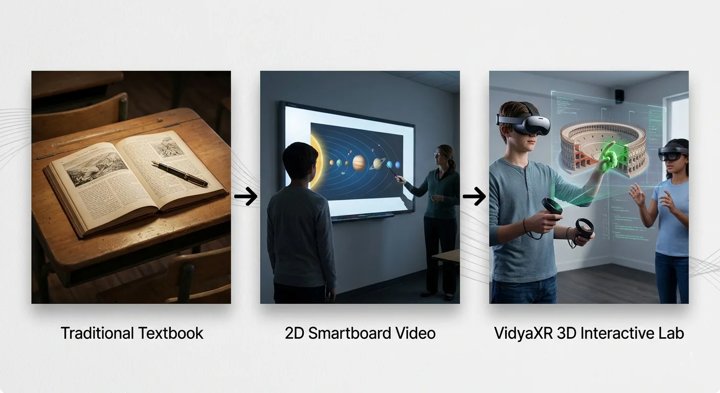 Learning evolution in three steps: a printed textbook, a 2D smartboard video, then a VidyaXR 3D interactive lab in VR