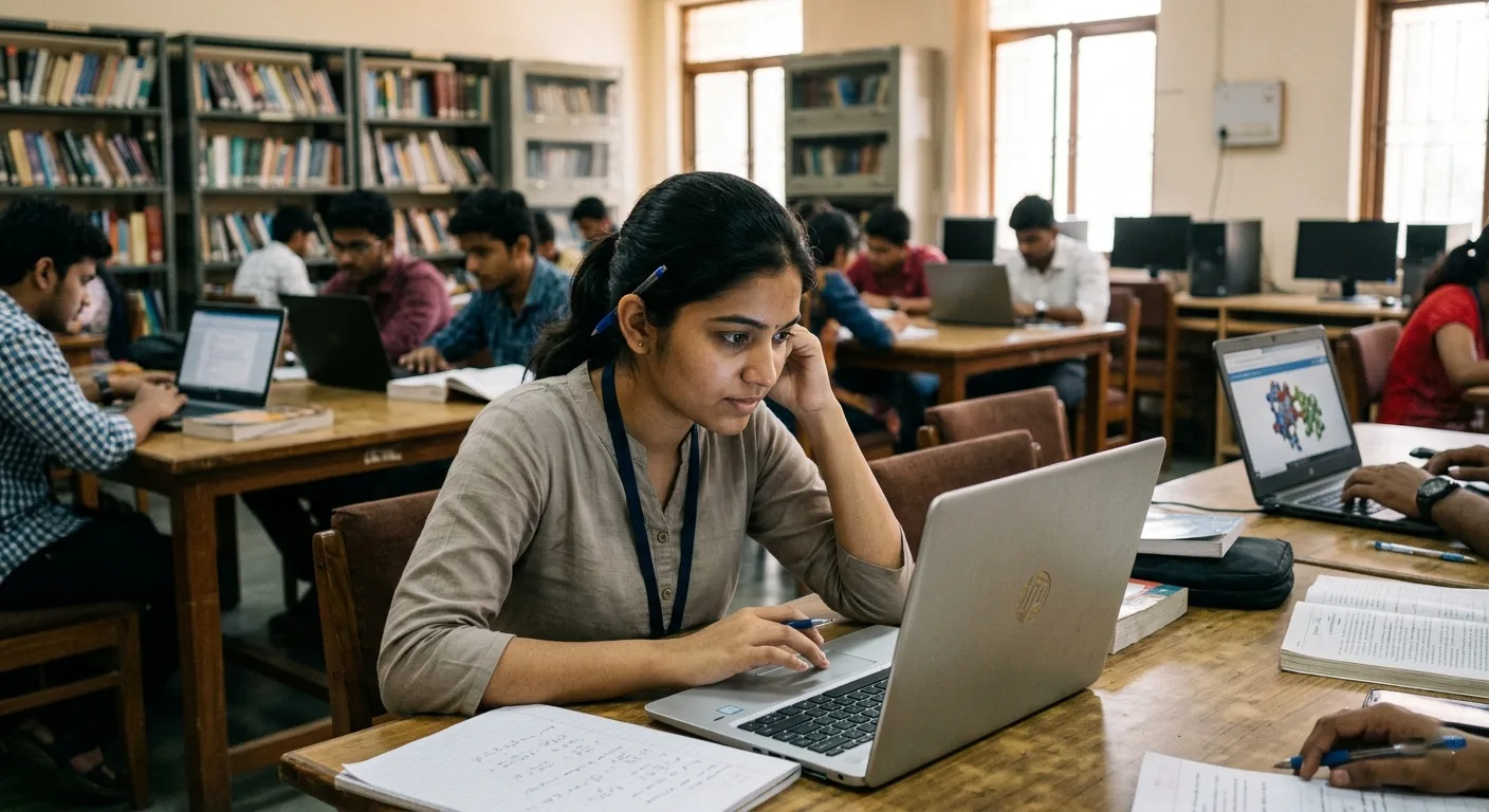 Young woman studies on a laptop in a busy college library while a classmate's screen shows a 3D molecular structure