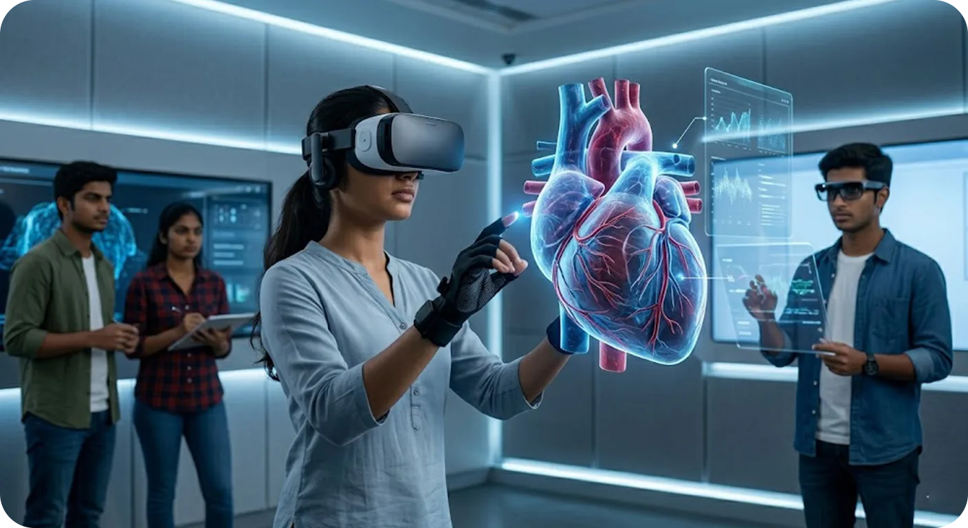 Student in a VR headset and haptic gloves examining a holographic 3D heart as classmates watch