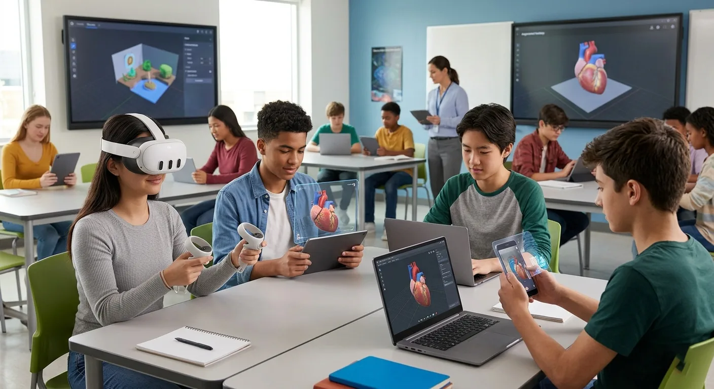 Students study a 3D heart model across devices, including a VR headset, tablets, laptops and a phone, in one classroom