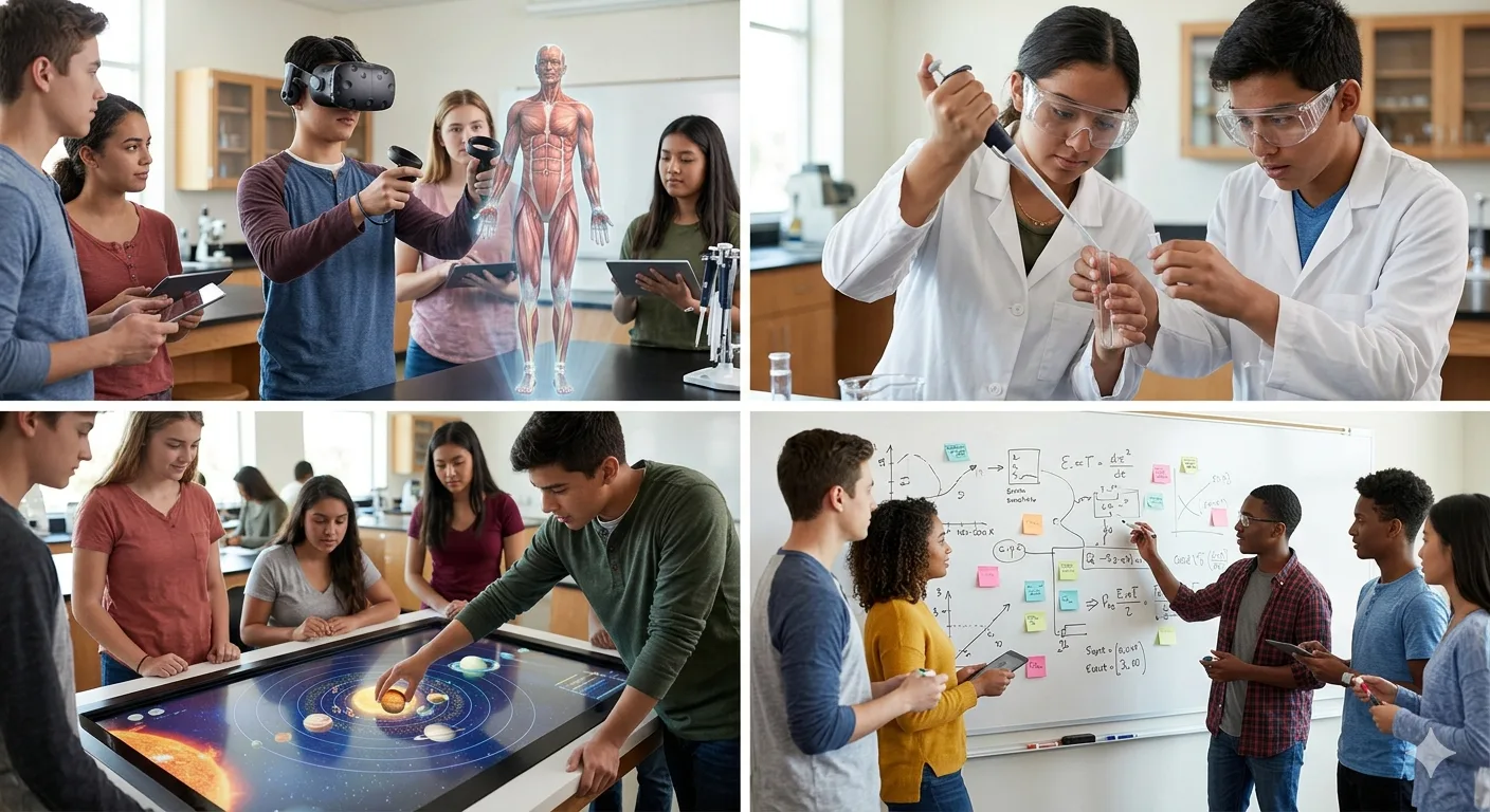 Students learning by doing with VR anatomy, a chemistry experiment, a solar system touch table and whiteboard maths