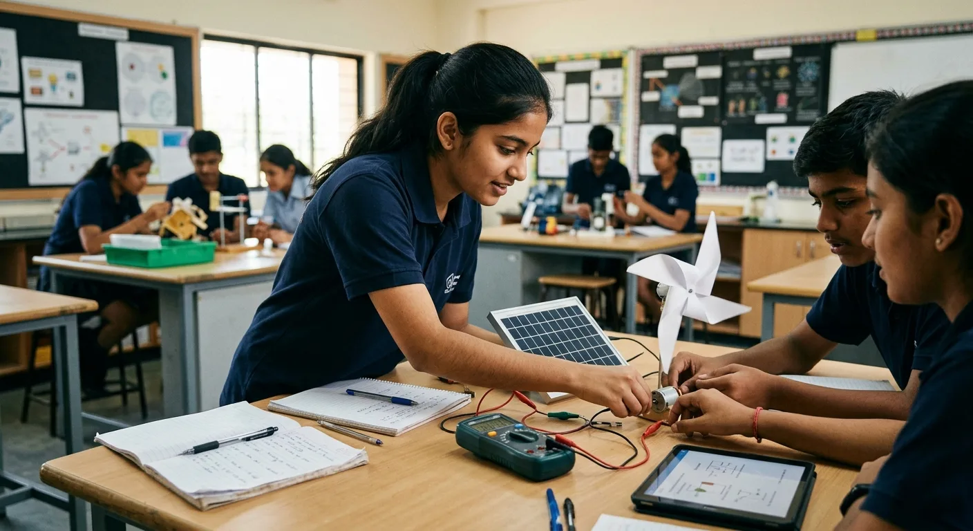 Students wire a small solar panel and wind turbine to a multimeter during a hands-on STEM activity in class