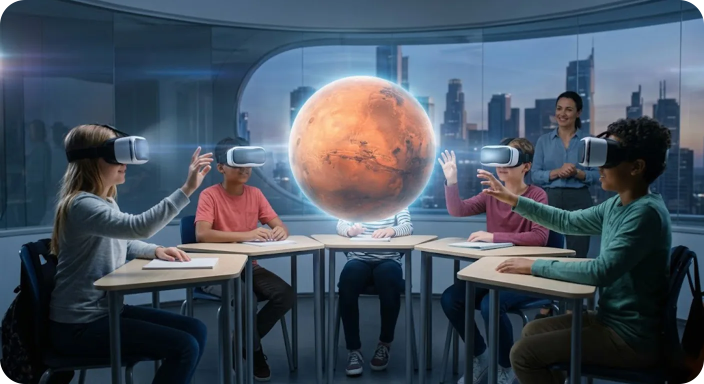 Students in VR headsets reaching toward a glowing 3D Mars hologram while their teacher looks on