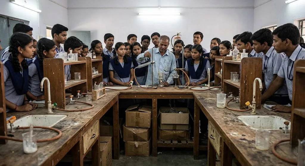 Crowd of students watches a teacher demonstrate an experiment at a worn bench in an under-equipped school science lab