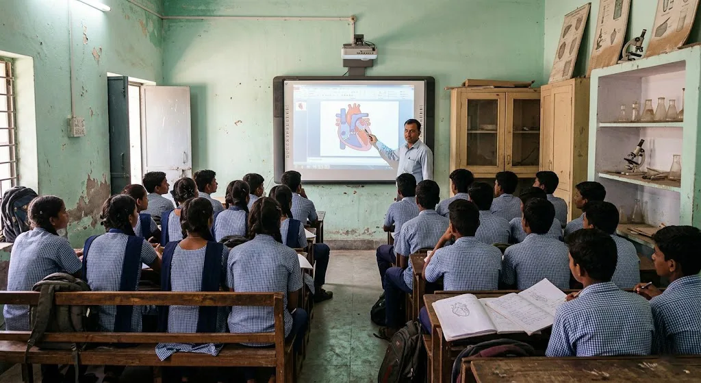 Teacher points to a heart diagram on a smart board as students on wooden benches watch in a worn Indian classroom